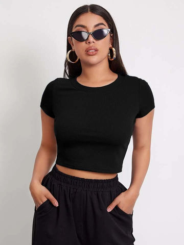 Teen Solid Crew Neck Fitted Crop Top