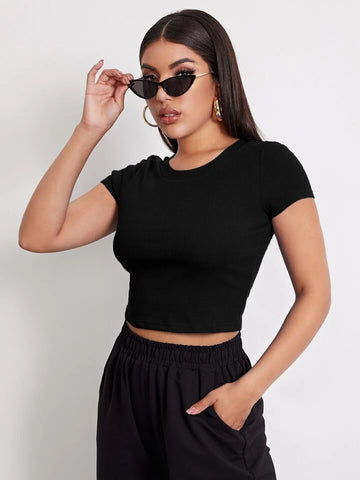 Teen Solid Crew Neck Fitted Crop Top