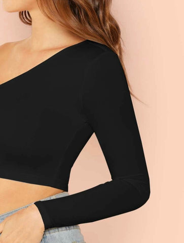 Teen Solid Black One Shoulder Slim Fitted Crop Top