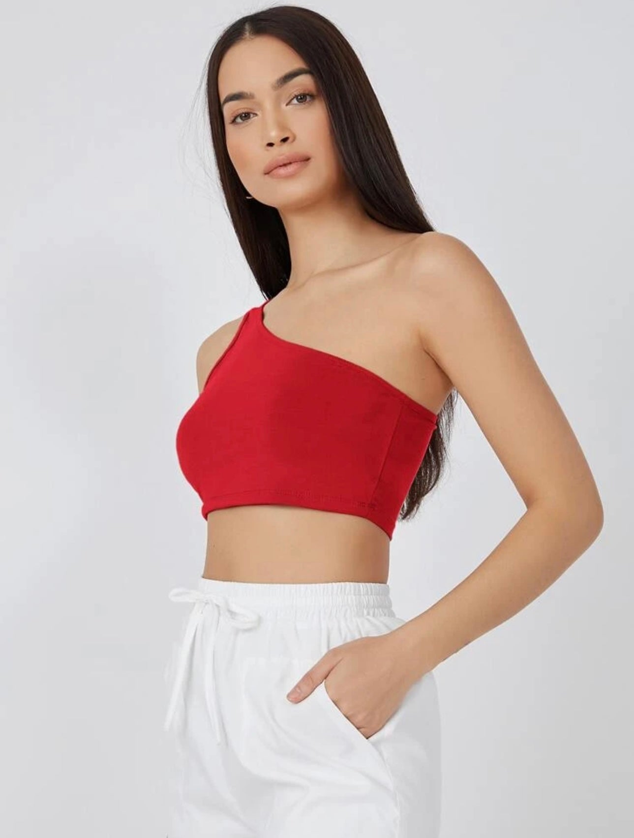 Teen Solid Red One Shoulder Rib Fitted Tank Top