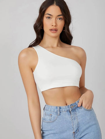 Teen Solid White One Shoulder Rib Fitted Tank Top