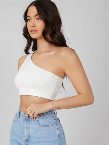 Teen Solid White One Shoulder Rib Fitted Tank Top