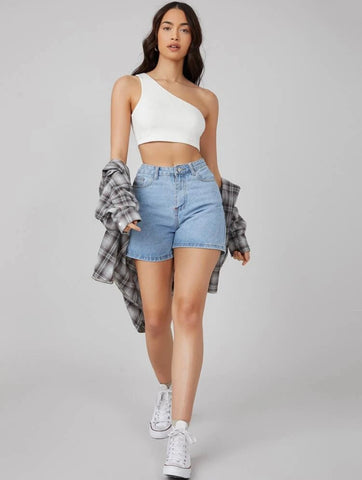 Teen Solid White One Shoulder Rib Fitted Tank Top