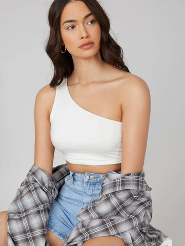 Teen Solid White One Shoulder Rib Fitted Tank Top
