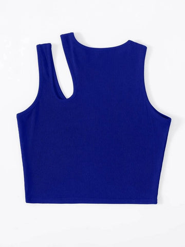 Teen Solid Royal Blue Asymmetrical Neck Rib Fitted Tank Top