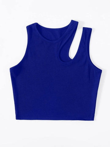 Teen Solid Royal Blue Asymmetrical Neck Rib Fitted Tank Top