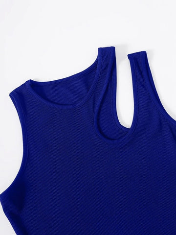 Teen Solid Royal Blue Asymmetrical Neck Rib Fitted Tank Top