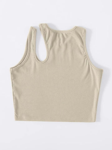 Teen Solid Apricot Asymmetrical Neck Rib Fitted Tank Top