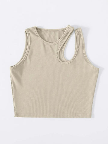 Teen Solid Apricot Asymmetrical Neck Rib Fitted Tank Top