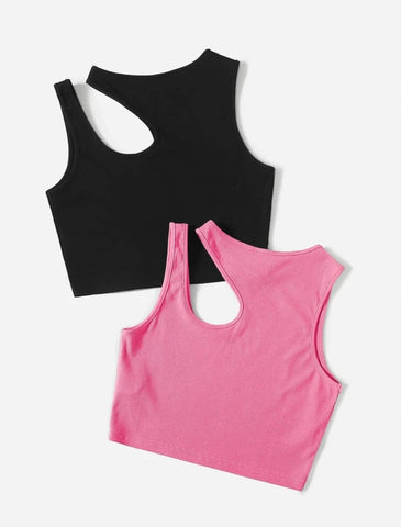 Teen Solid Pack Of 2 Asymmetrical Neck Rib Fitted Tank Tops