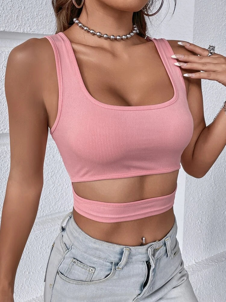 Teen Solid Pink Cut Out Rib Fitted Tank Top