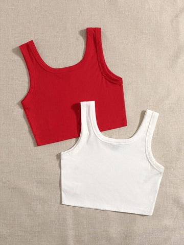Teen Pack of 2 White & Red Rib Tank Tops
