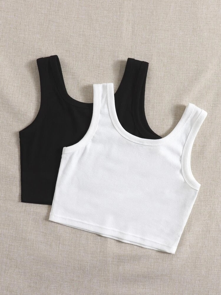 Teen Solid White & Black Rib Fitted Tank Tops