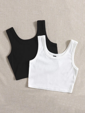 Teen Solid White & Black Rib Fitted Tank Tops