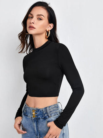 Teen Solid Black Crew Neck Slim Fitted Crop Top