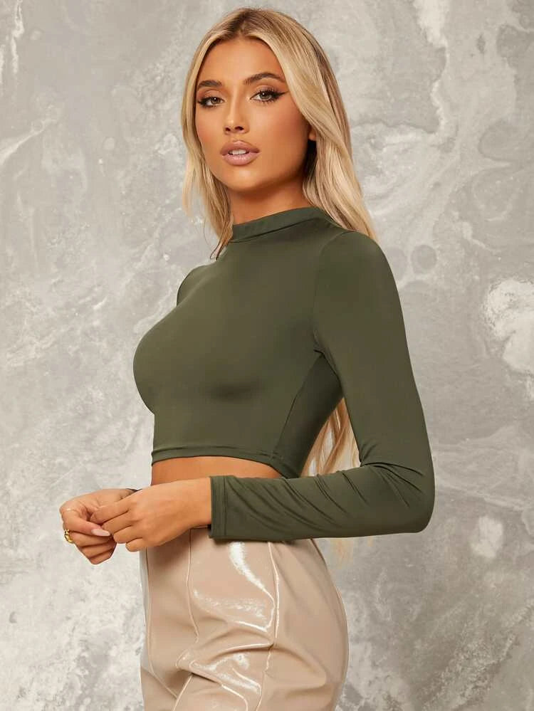 Teen Solid Army Green Slim Fitted Crop Top