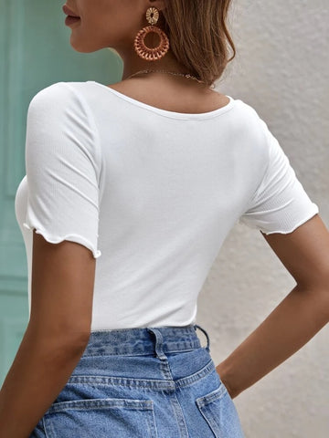 Teen Solid White Rib Fitted Lettuce Tee