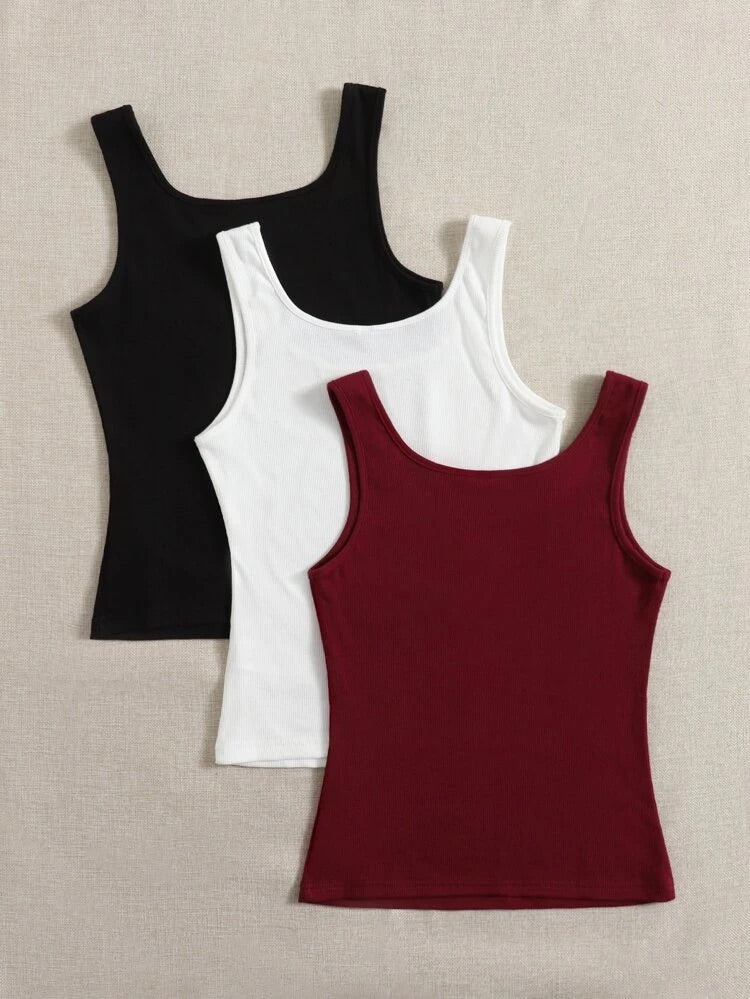Teen Solid Pack of 3 Rib Fitted Tank Tops