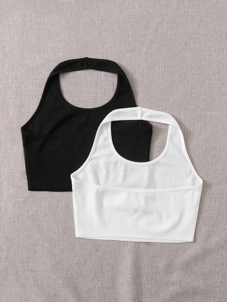 Teen Solid White & Black Pack of 2 Rib Fitted Halter Tops