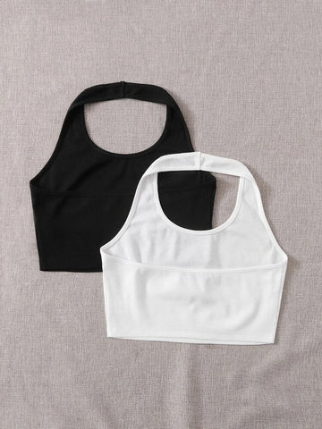 Teen Solid White & Black Pack of 2 Rib Fitted Halter Tops