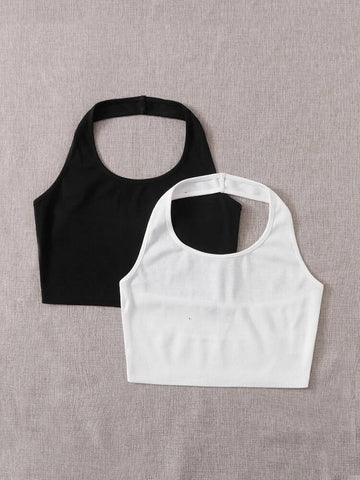 Teen Solid White & Black Pack of 2 Rib Fitted Halter Tops