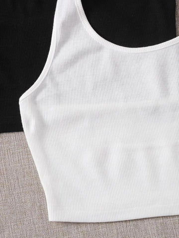 Teen Solid White & Black Pack of 2 Rib Fitted Halter Tops