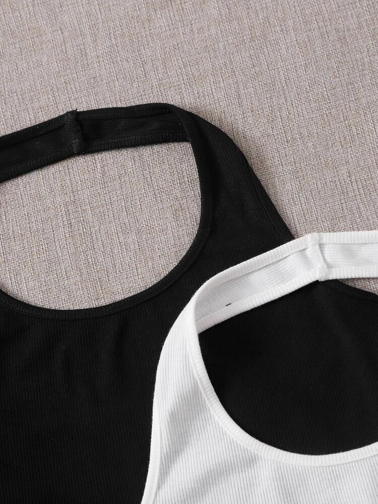 Teen Solid White & Black Pack of 2 Rib Fitted Halter Tops