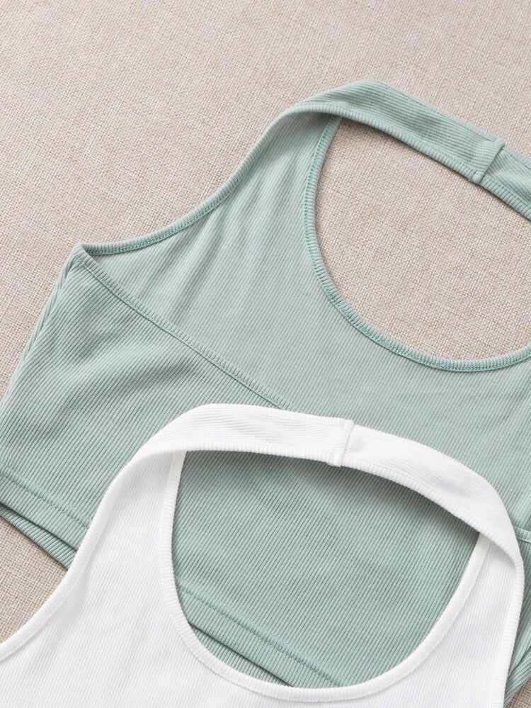 Teen Solid White & Mint Green Pack Of 2 Rib Fitted Halter Tops