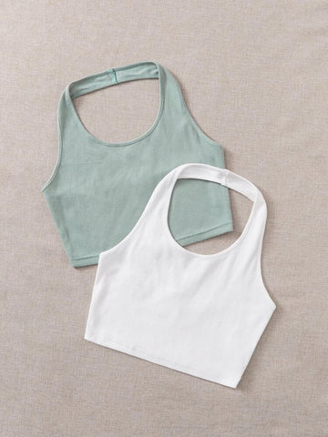 Teen Solid White & Mint Green Pack Of 2 Rib Fitted Halter Tops