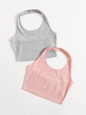 Teen Solid Grey & Baby Pink Rib Pack of 2 Halter Tops