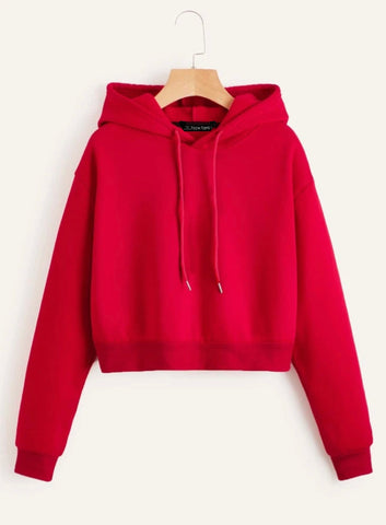 Teen Solid Red Drawstring Crop Hoodie