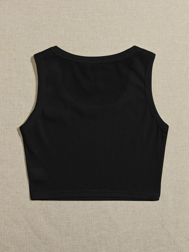 Teen Solid Black Scoop Neck Rib Fitted Tank Top