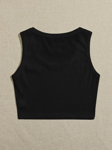 Teen Solid Black Scoop Neck Rib Fitted Tank Top