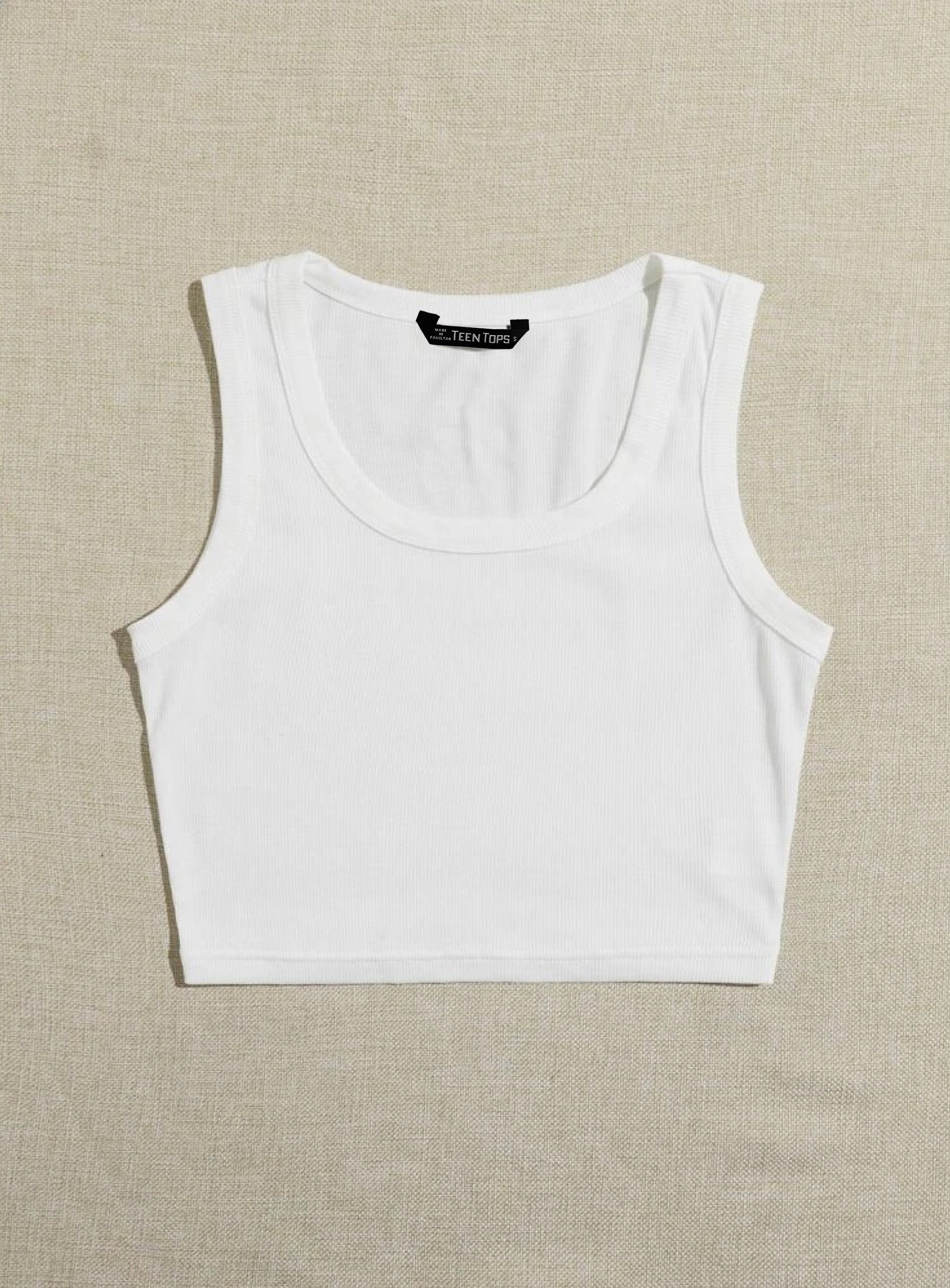 Teen Solid White Scoop Neck Rib Fitted Tank Top