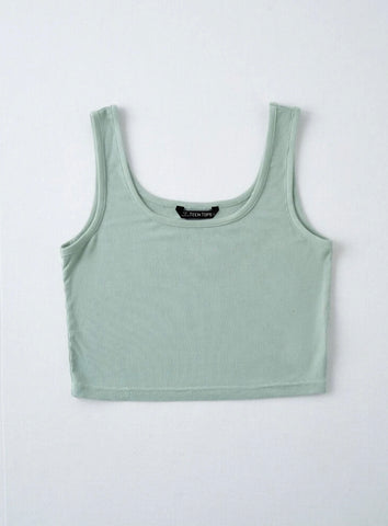 Teen Solid Mint Green Rib Fitted Tank Top