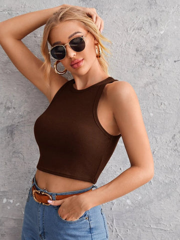 Teen Solid Brown Rib Fitted Tank Top