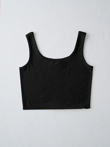 Teen Solid Black Rib Fitted Tank Top