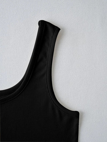 Teen Solid Black Rib Fitted Tank Top
