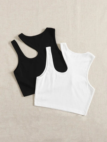 Teen Solid Pack of 2 Asymmetrical Neck Rib Fitted Tank Tops