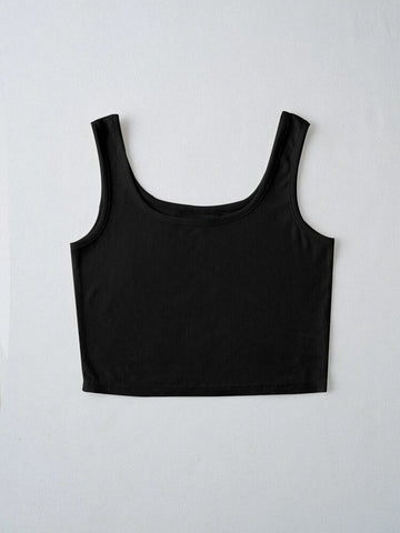 Teen Solid Black Rib Fitted Tank Top