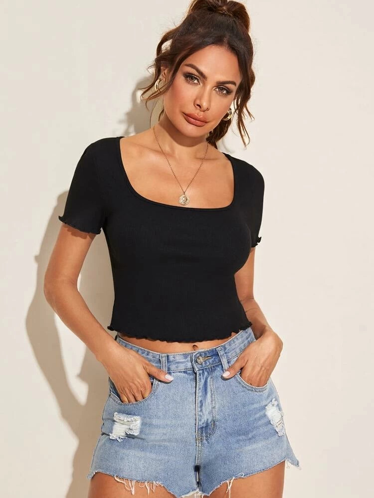 Teen Solid Black Rib Fitted Crop Top