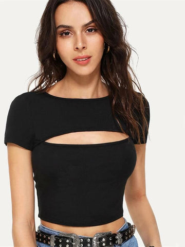 Teen Solid Black Cut Out Slim Fitted Crop Top