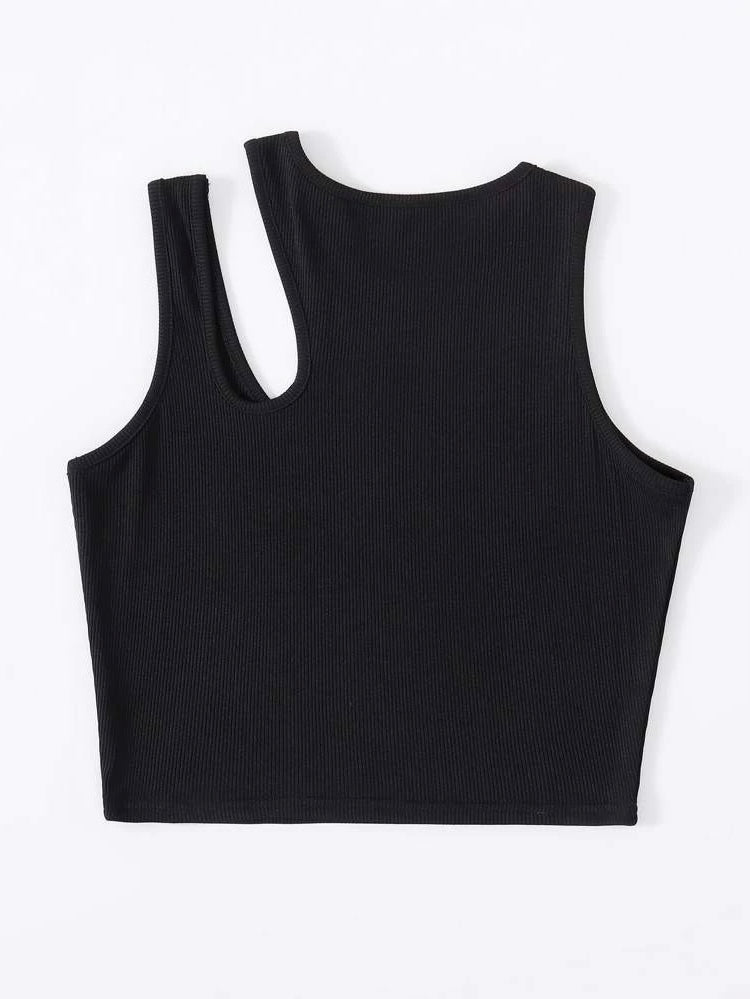 Teen Solid Black Asymmetrical Neck Rib Fitted Tank Top