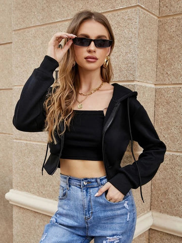 Teen Solid Black Crop Zipper Hoodie