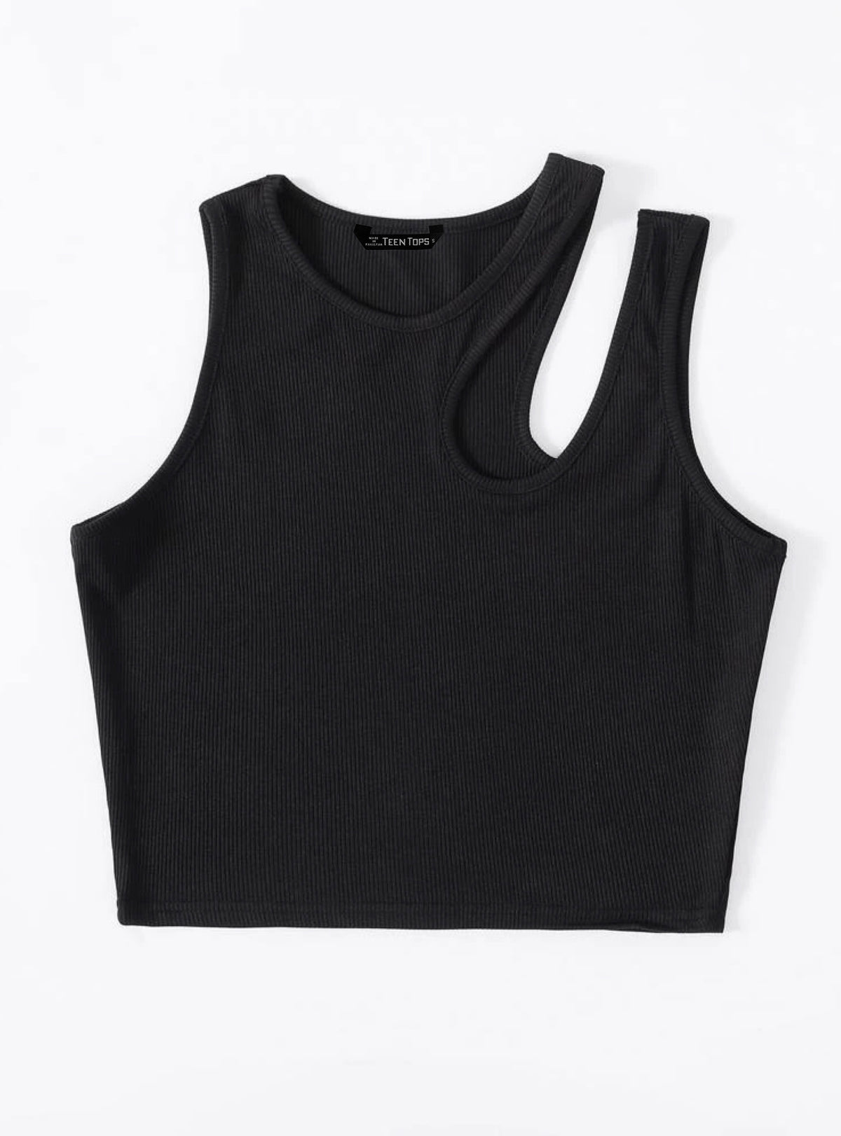 Teen Solid Black Asymmetrical Neck Rib Fitted Tank Top