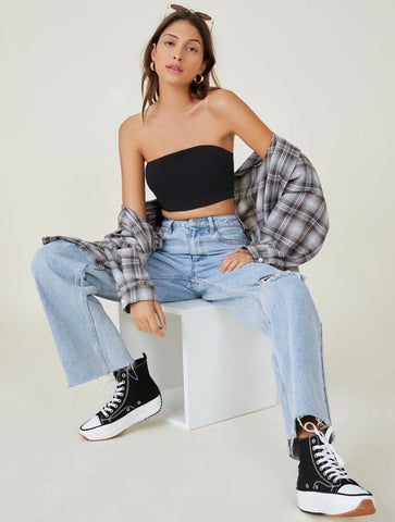 Teen Solid Black Rib Fitted Tube Top