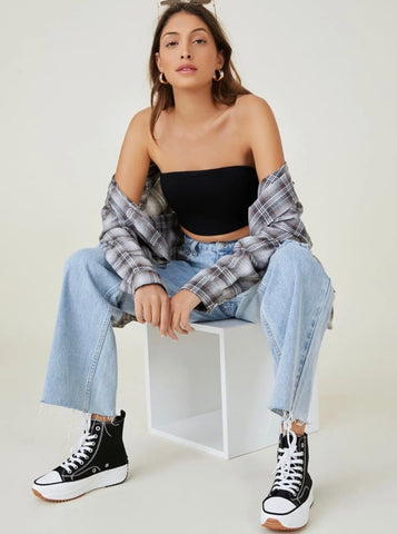 Teen Solid Black Rib Fitted Tube Top