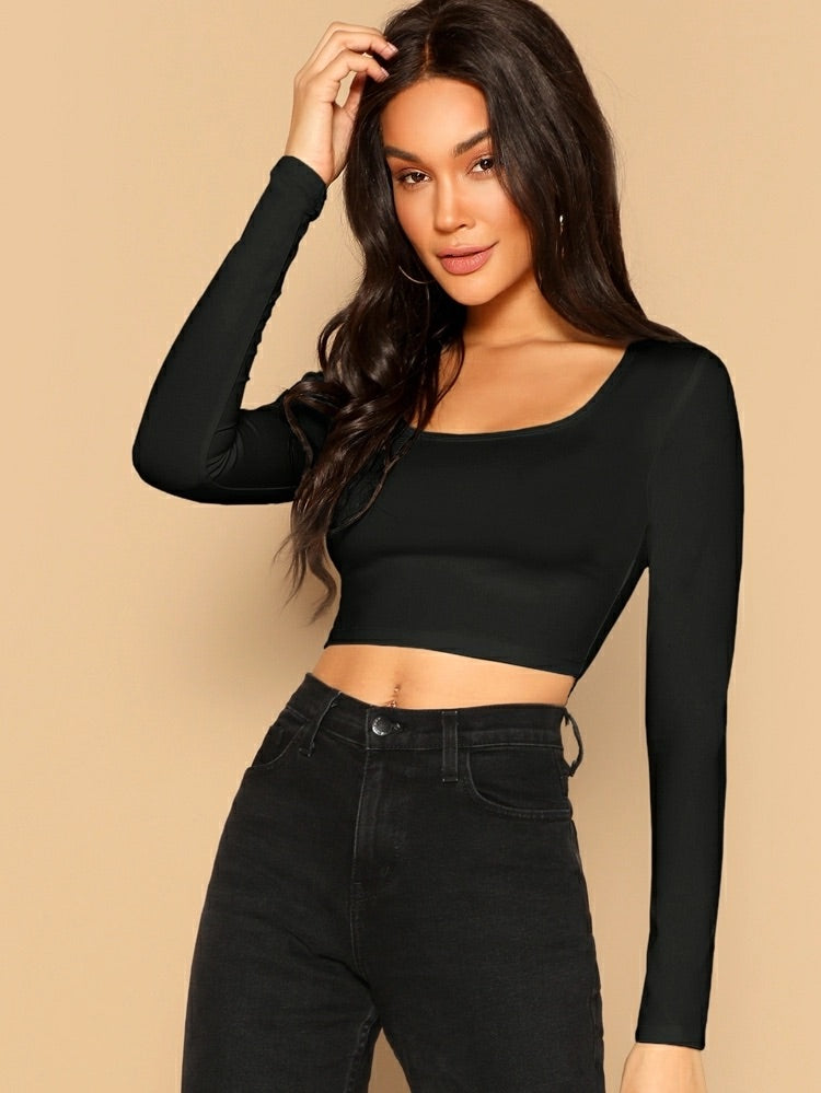 Teen Solid Black Cotton Slim Fitted Crop Top