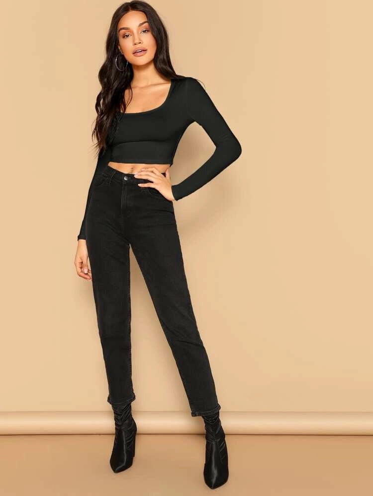Teen Solid Black Cotton Slim Fitted Crop Top