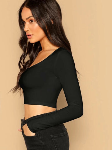 Teen Solid Black Cotton Slim Fitted Crop Top